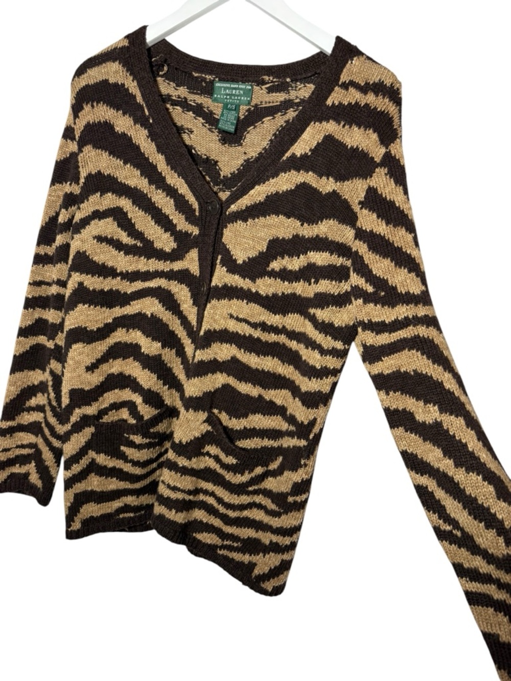 Vintage Lauren Ralph Lauren Hand Knit Linen Cotton Zebra Print Cardigan Size P/S - Picture 5 of 9